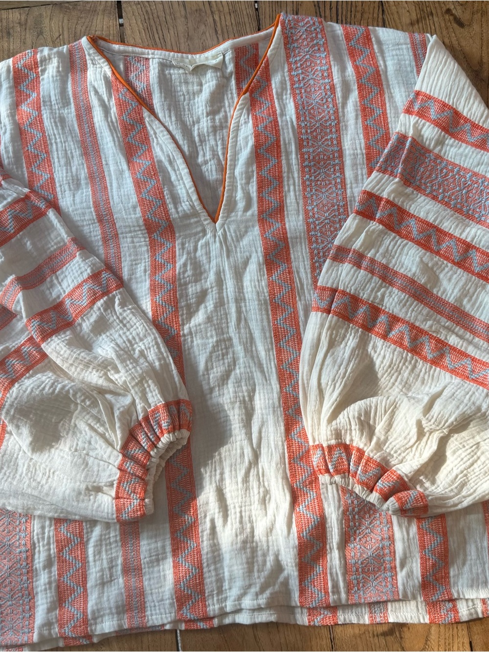 By Together - Embroidered Peasant Blouse in Cream & Coral